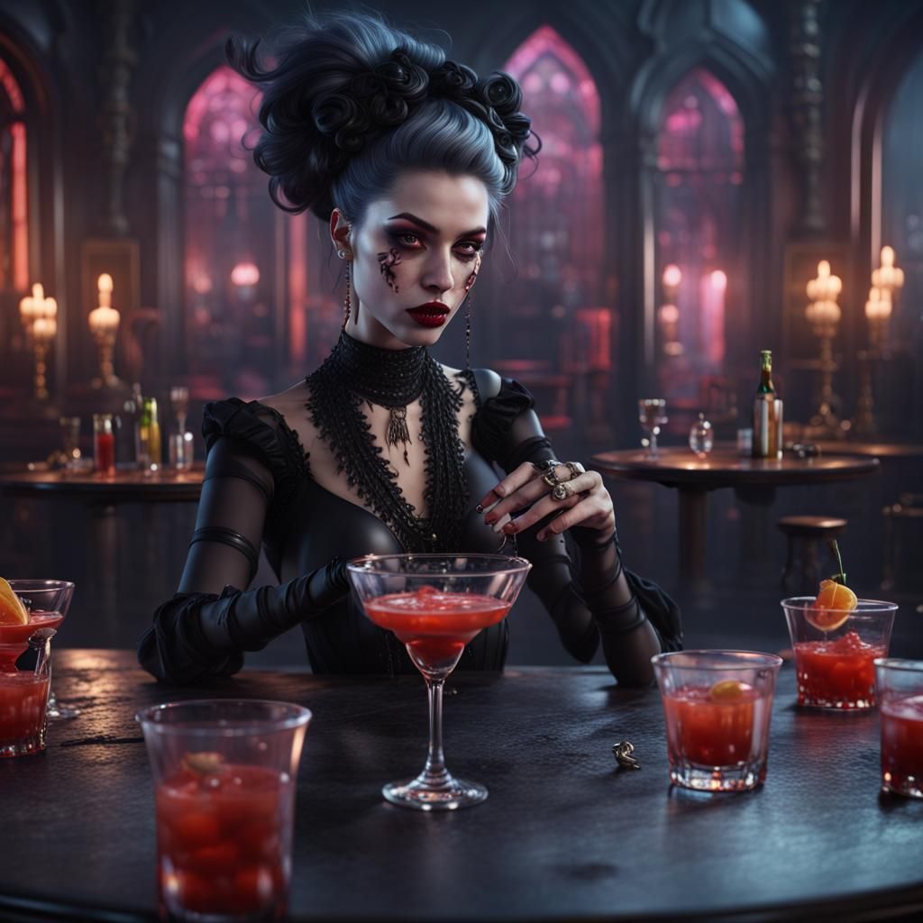 Goth Club Girl with Cocktails: Detailed Matte Painting