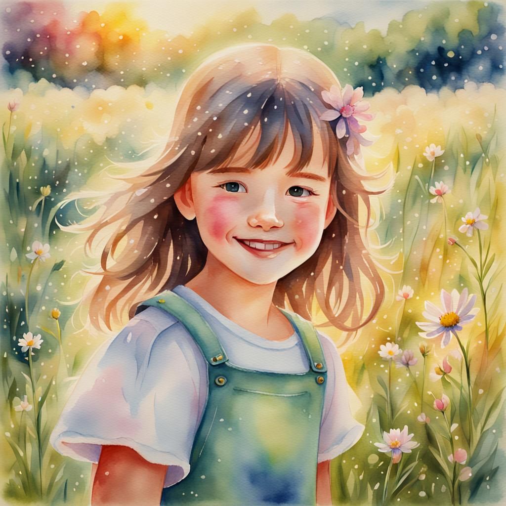 Girl with Wildflower in Watercolor Meadow