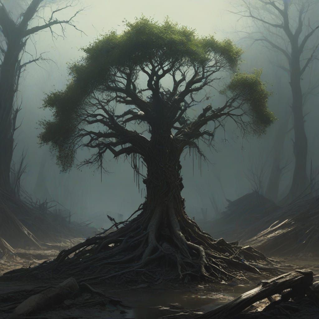 Surreal Tree Emerges from Post-Apocalyptic Ruins in Dark, Go...