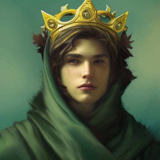 Crowned Boy in Green Robes: Art Nouveau Portrait
