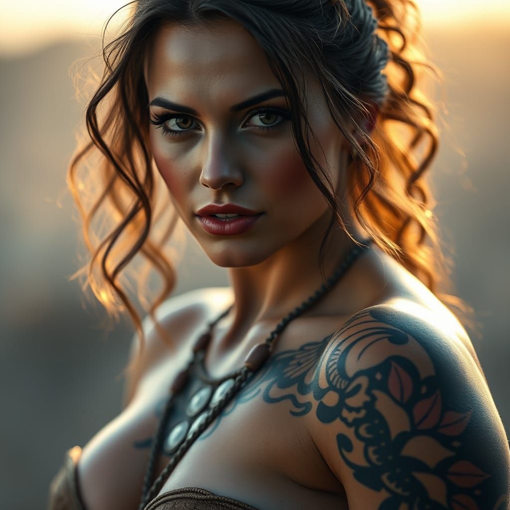 Vibrant Female Gladiator in a Cyberpunk Aesthetic