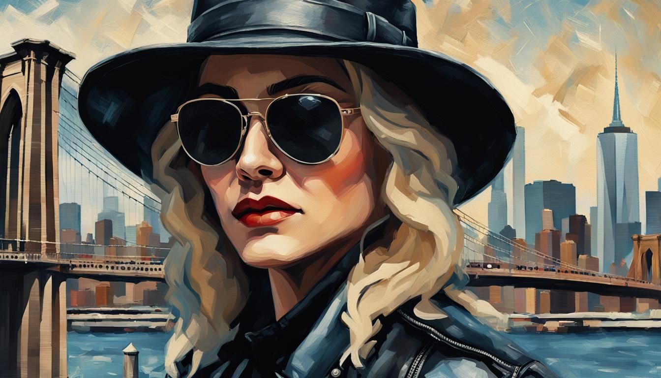 Madonna Portrait with Brooklyn Bridge in Oil Paint Style