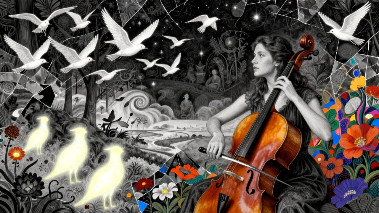 Woman Plays Cello Under Starry Sky in Fairytale Style
