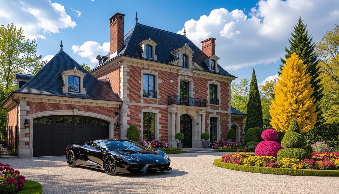 Grand Chateau with Black Supercar and Vibrant Garden