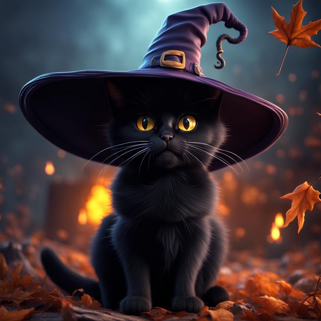 Cute Black Cat Witch in Detailed Fantasy Art