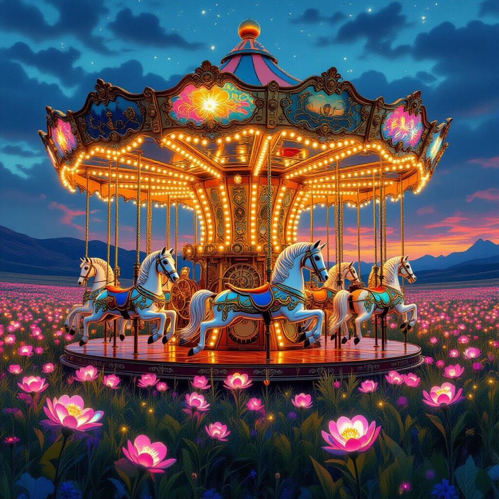 Steampunk Carousel on Alien Planet in Art Nouveau Style