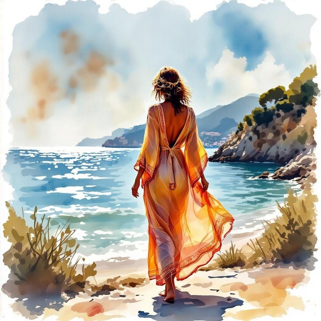 Watercolor Painting of Woman on Italian Riviera