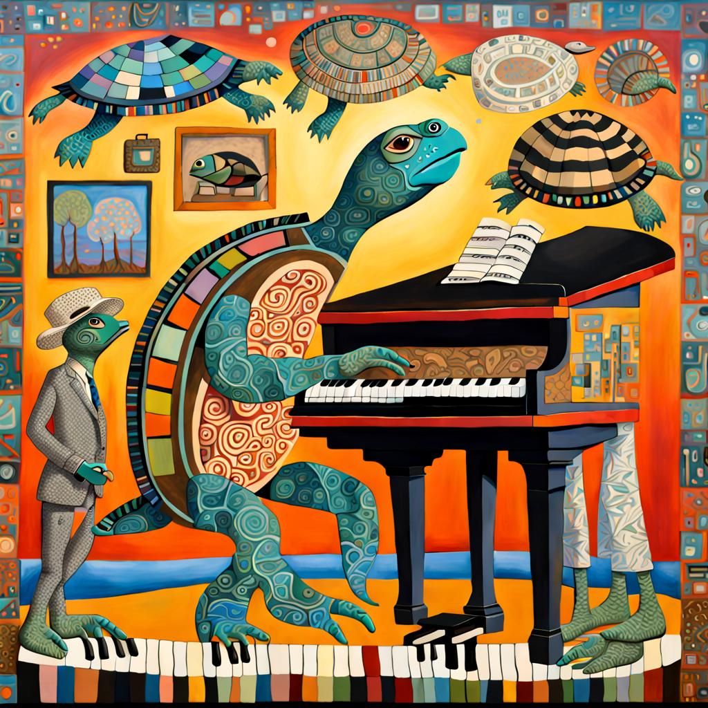 Turtle Plays Piano in Surreal Style