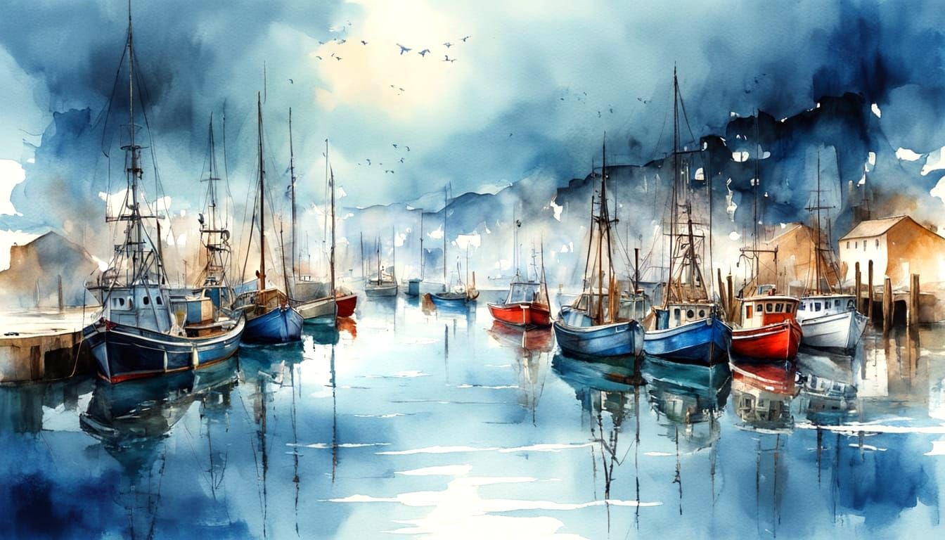 Fishing Boats in Quiet Harbor, Watercolor Style