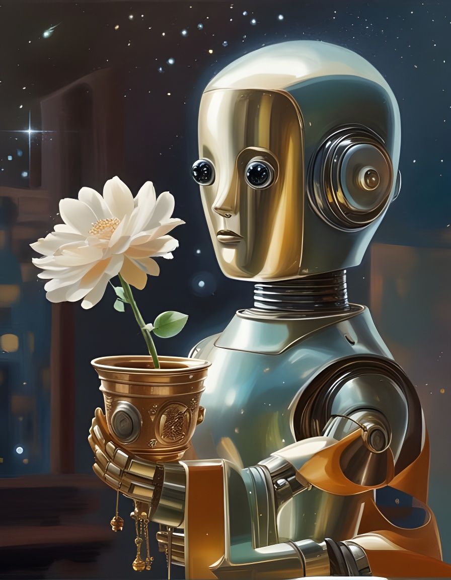 Cute Robot Holding Flower Pot in Retrofuturism
