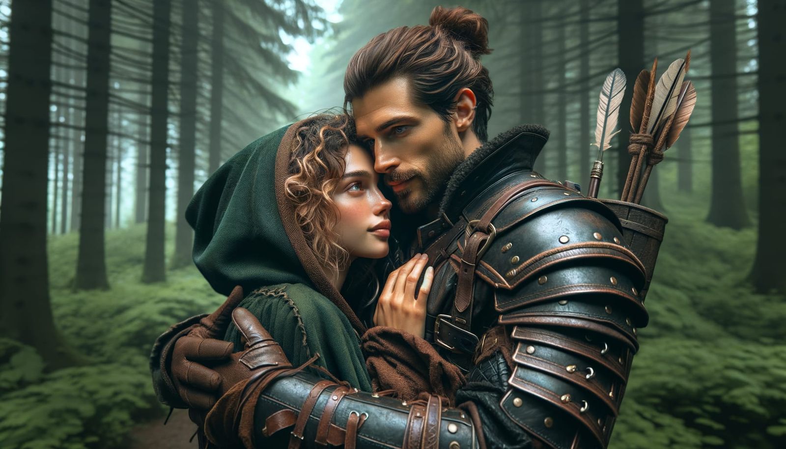 Ranger and Elf Embrace in Forest