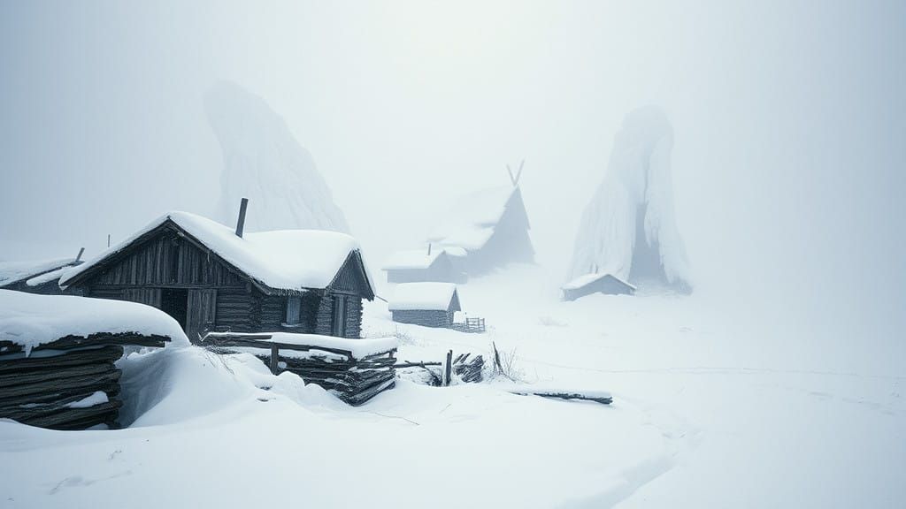 Ethereal Post-Apocalyptic Village in Snowstorm