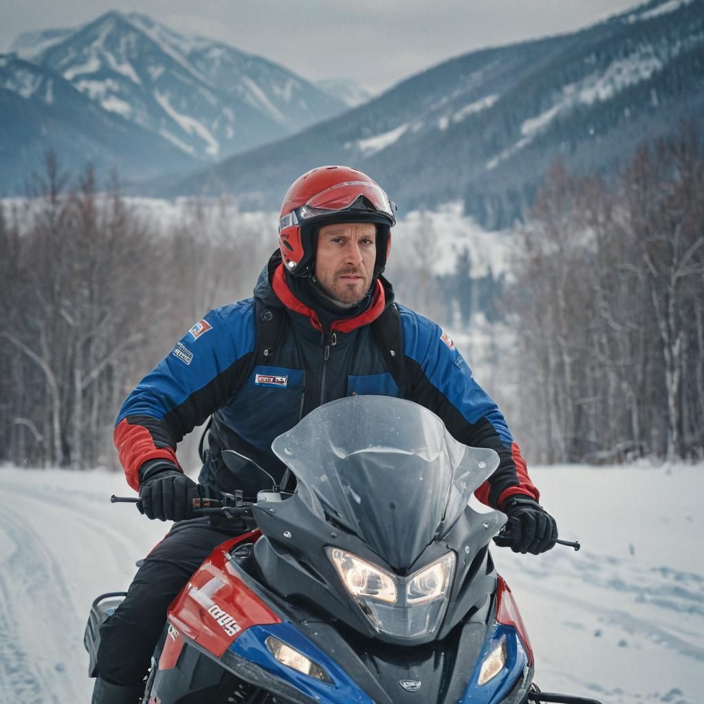 Slavic Man on Snowmobile in Winter Landscape