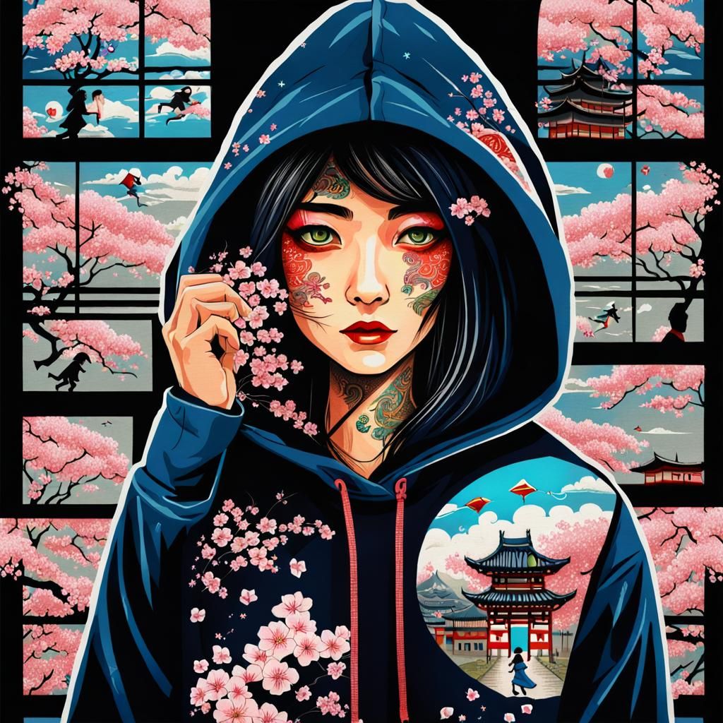 Woman Running with Kite in Japanese Sakura Alley