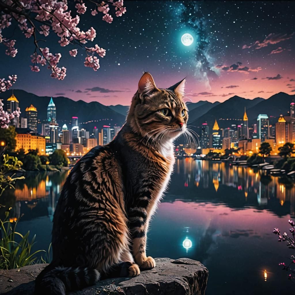 Cute Cat Overlooking Mystical City Lake at Night