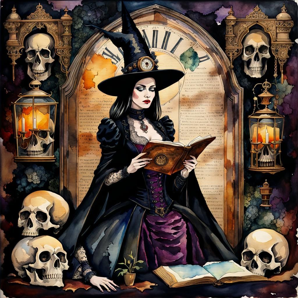 Gothic Steampunk Witch Reads Before Skull Wall