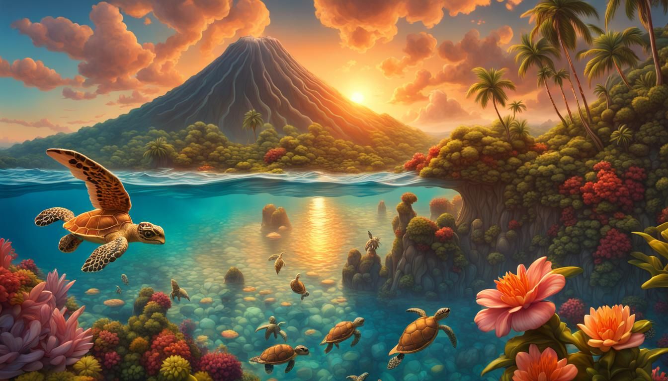 Tropical Island Volcano Flower, Ghibli Fantasy Art