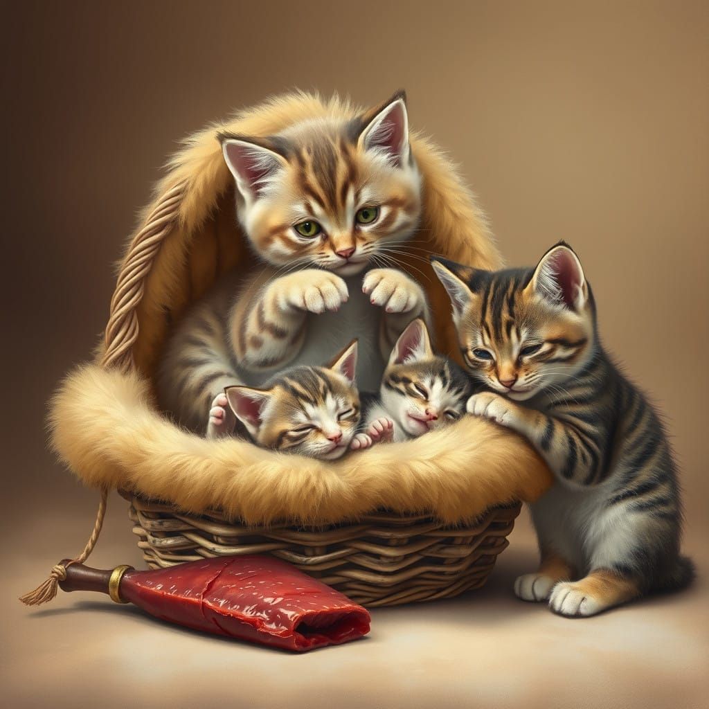 Regal Minuet Cat with Kittens in Antique Fur Basket