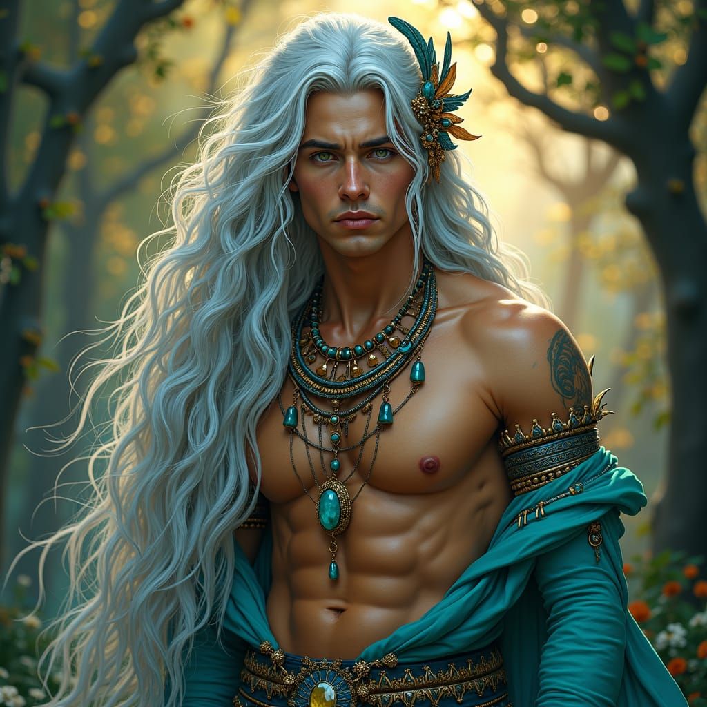 Whimsical Male Witch with Silver Hair in Mystical Forest