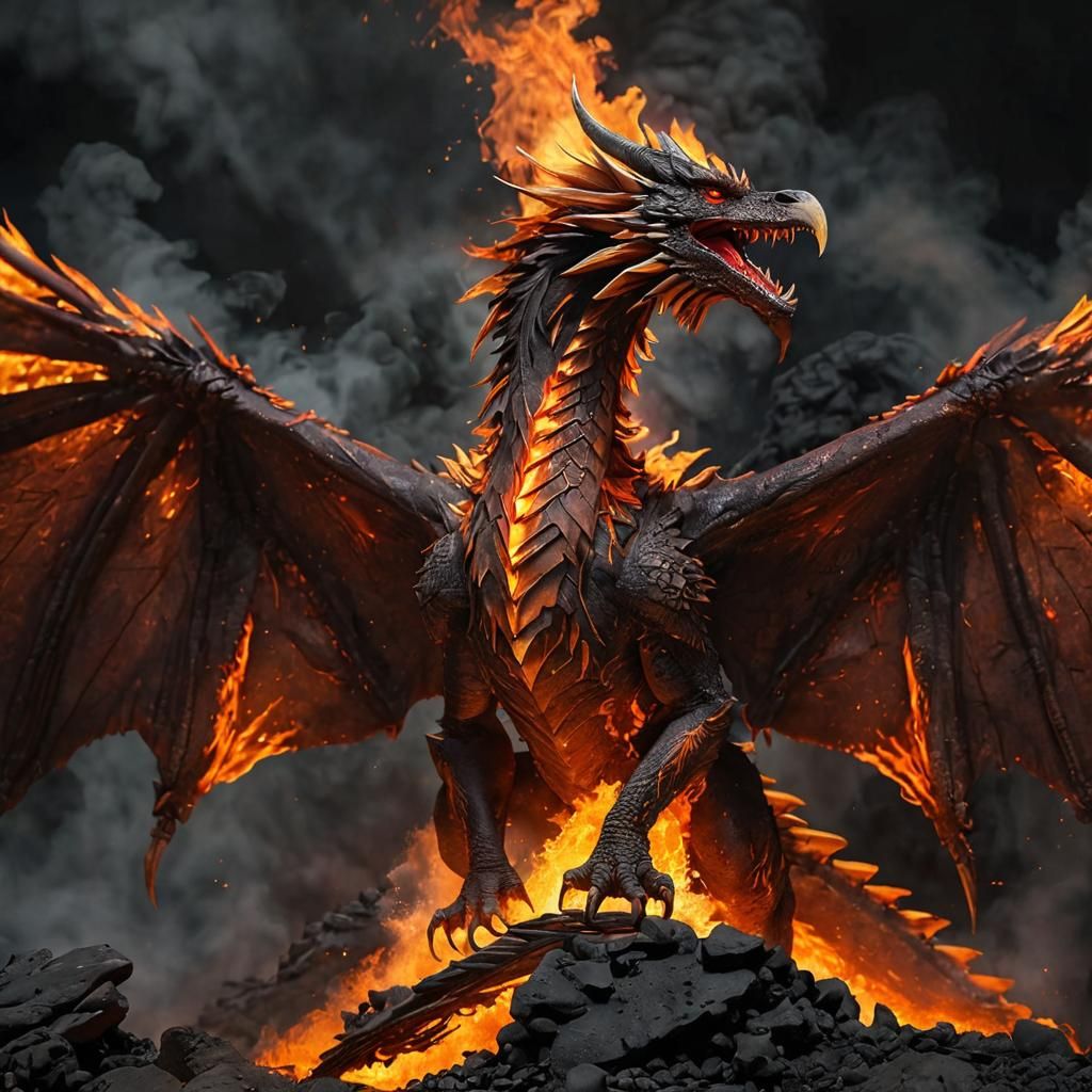 Fiery Phoenix Dragon in Volcanic Landscape