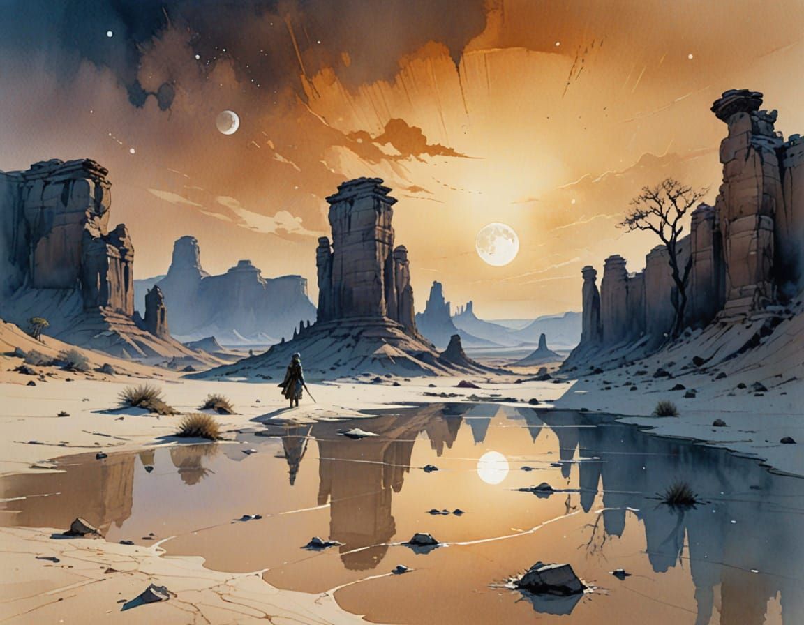 Desert Ruins Under Moonlight: Digital Matte Painting