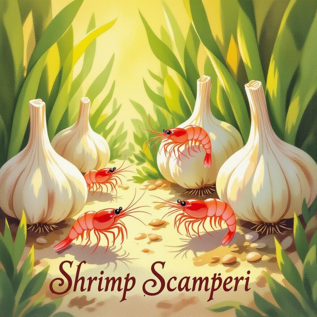 Whimsical Shrimp Scampering Through Garlic Grove