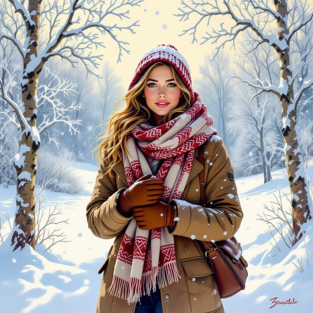 Snowy Landscape with Woman in Intricate Detail