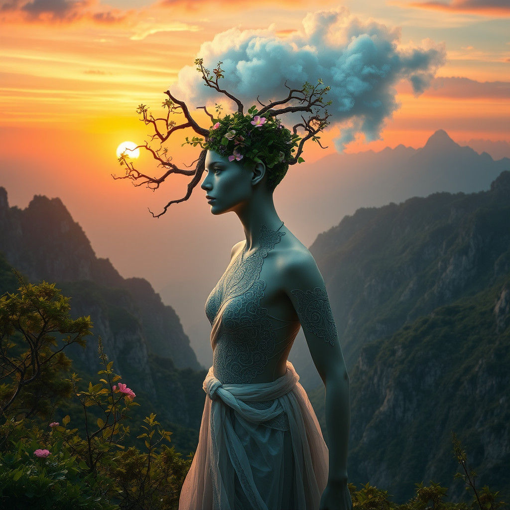 Surreal Human-Nature Merge at Sunset, Ethereal Art