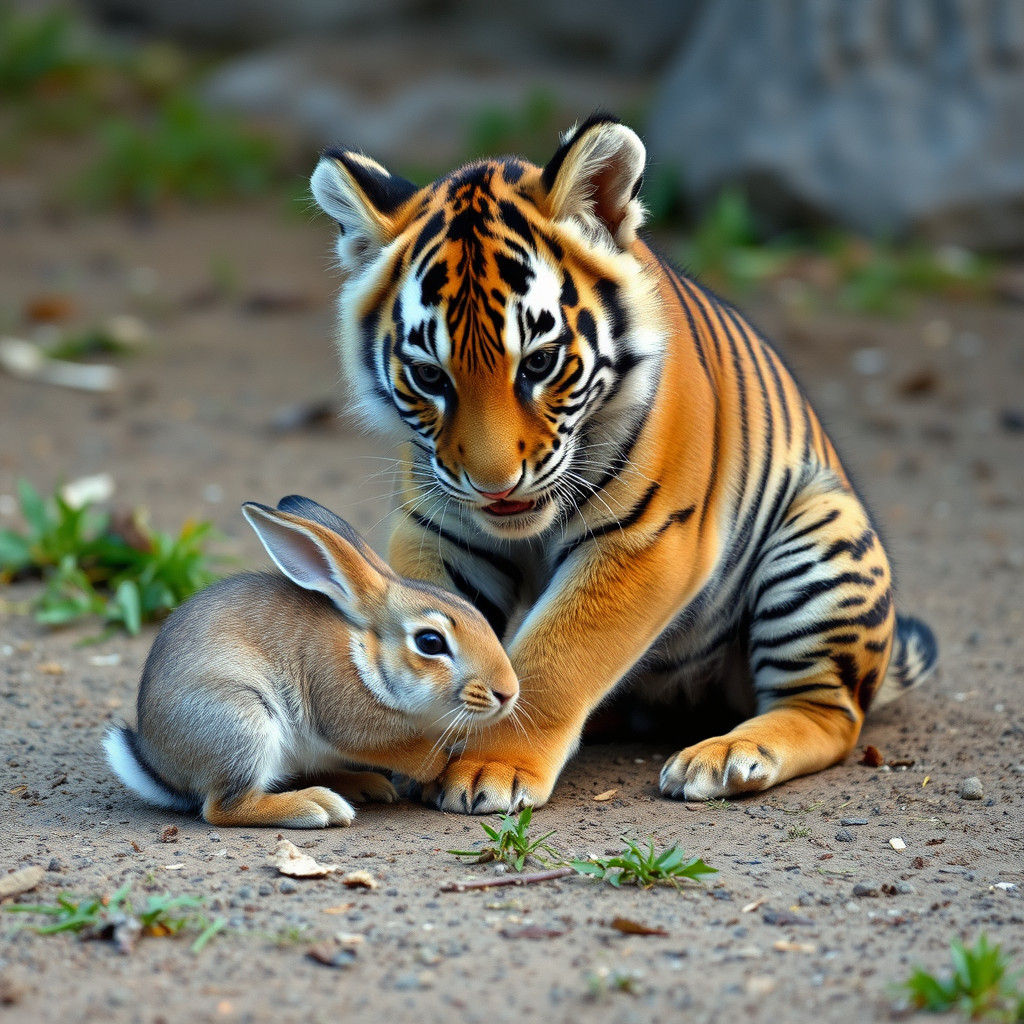 Clumsy Tiger Cub and Rabbit Encounter
