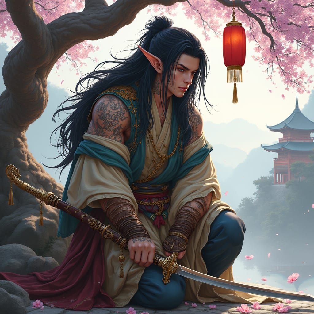 Elven Warrior Kneels by Cherry Blossom Tree in Fantasy Art S...
