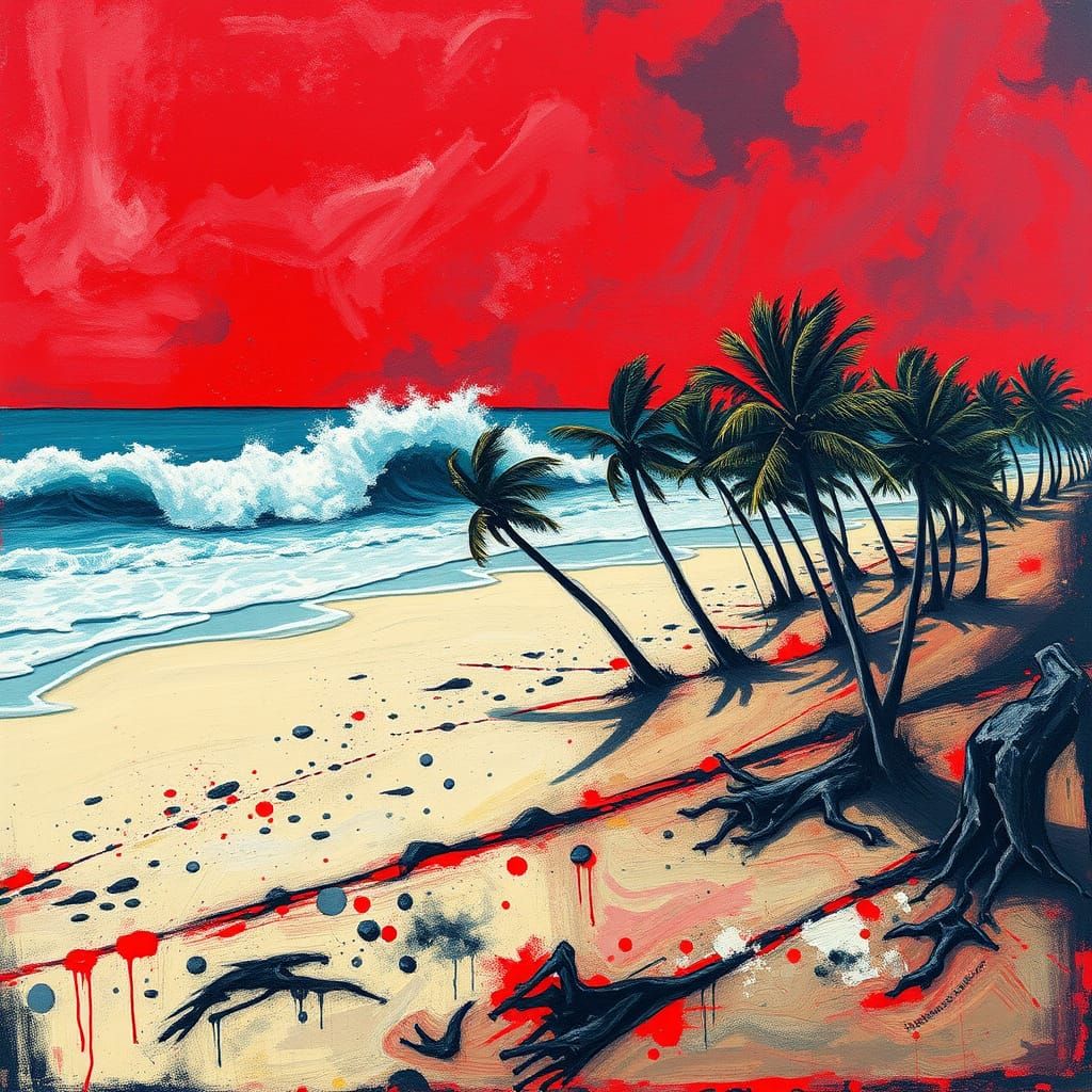 Abstract Tsunami Devastates Beach: Expressionist Art