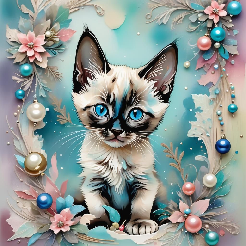 Whimsical Siamese Kitten in Soft Pastel Hues