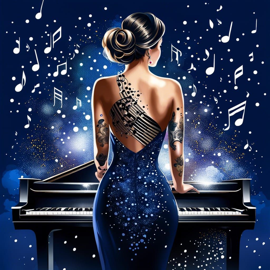 Woman Playing Piano with Ink Tattoo Illustration