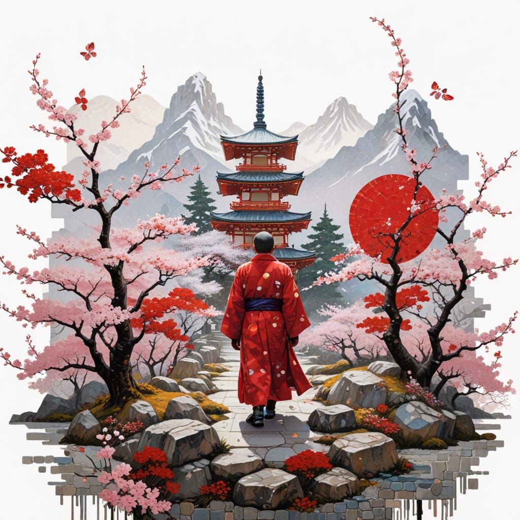 Snowy Mountain Shrine at Dawn with Crimson Monks and Cherry ...