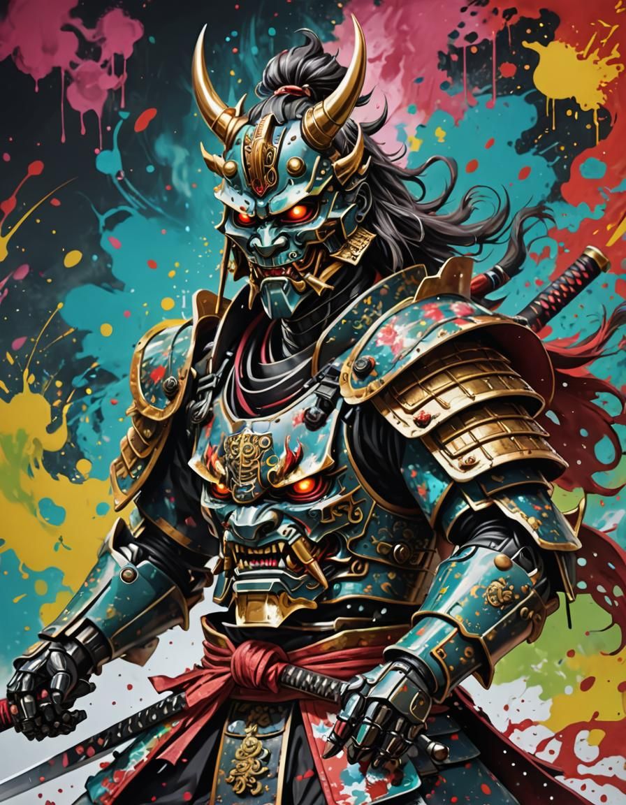 Robot Samurai with Oni Mask and Dragon