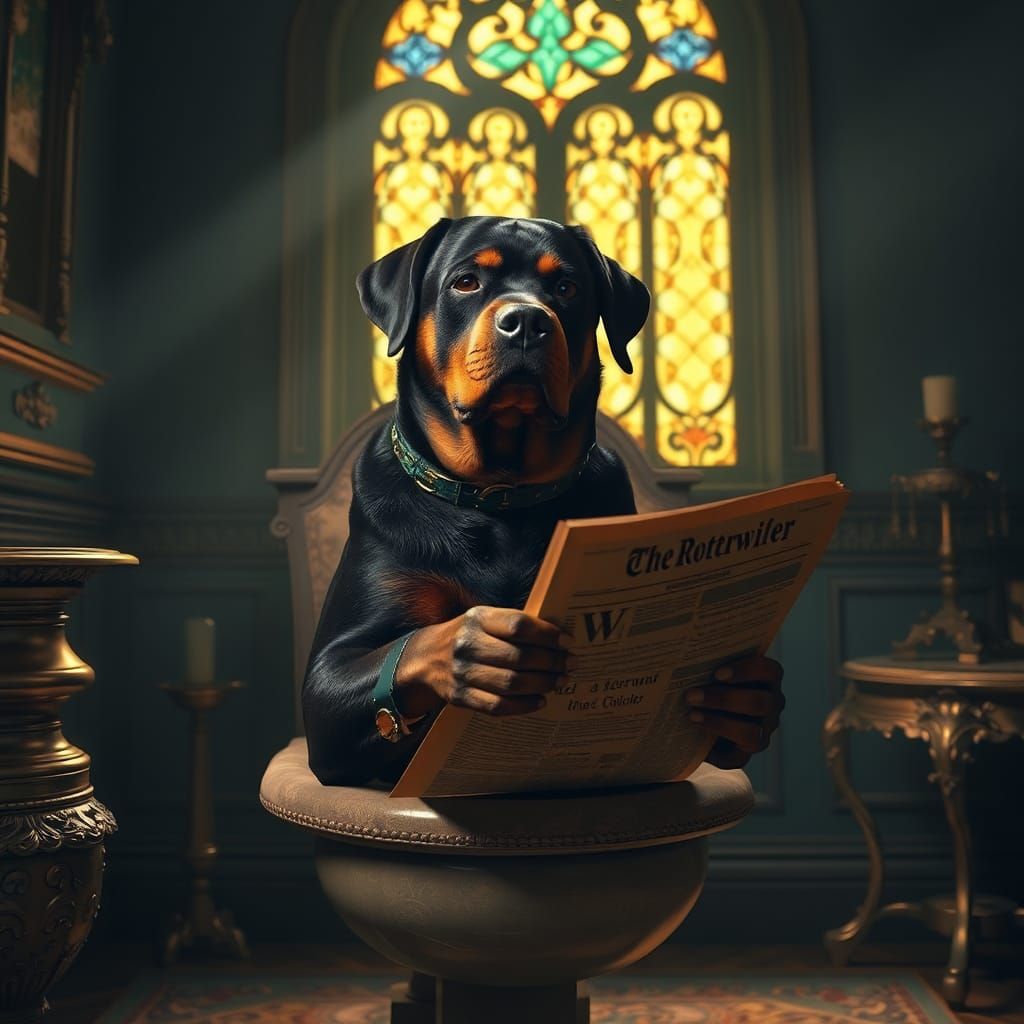 Regal Rottweiler Uncovers Secrets in Mystical Chamber