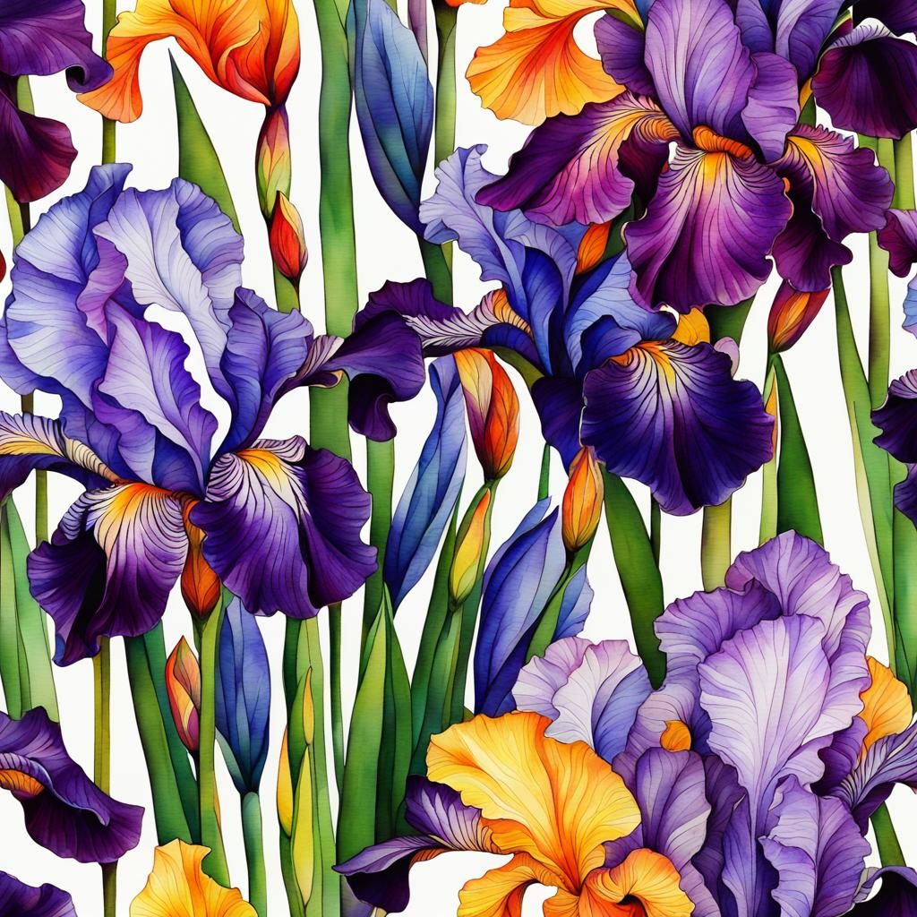 Beautiful Crackled Watercolor Irises: Complex Floral Design