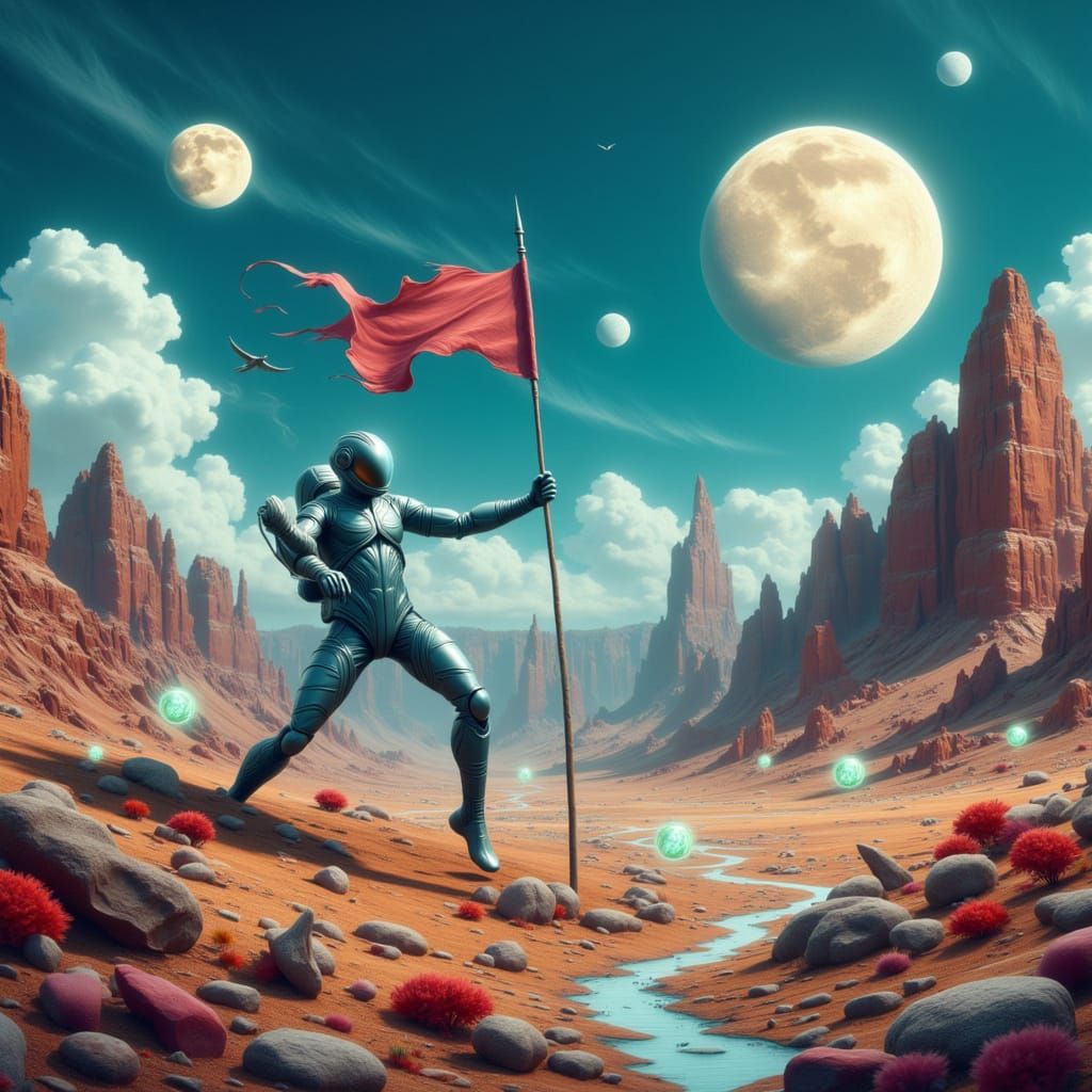 Astronaut Plants Flag on Alien World with Two Moons