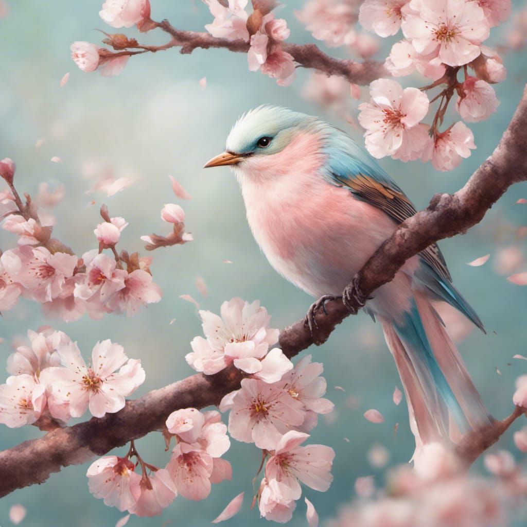 Pastel Bird on Cherry Blossom Branch