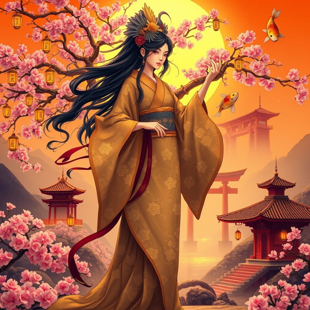 Celestial Yokai Goddess in Dreamlike Japanese Landscape