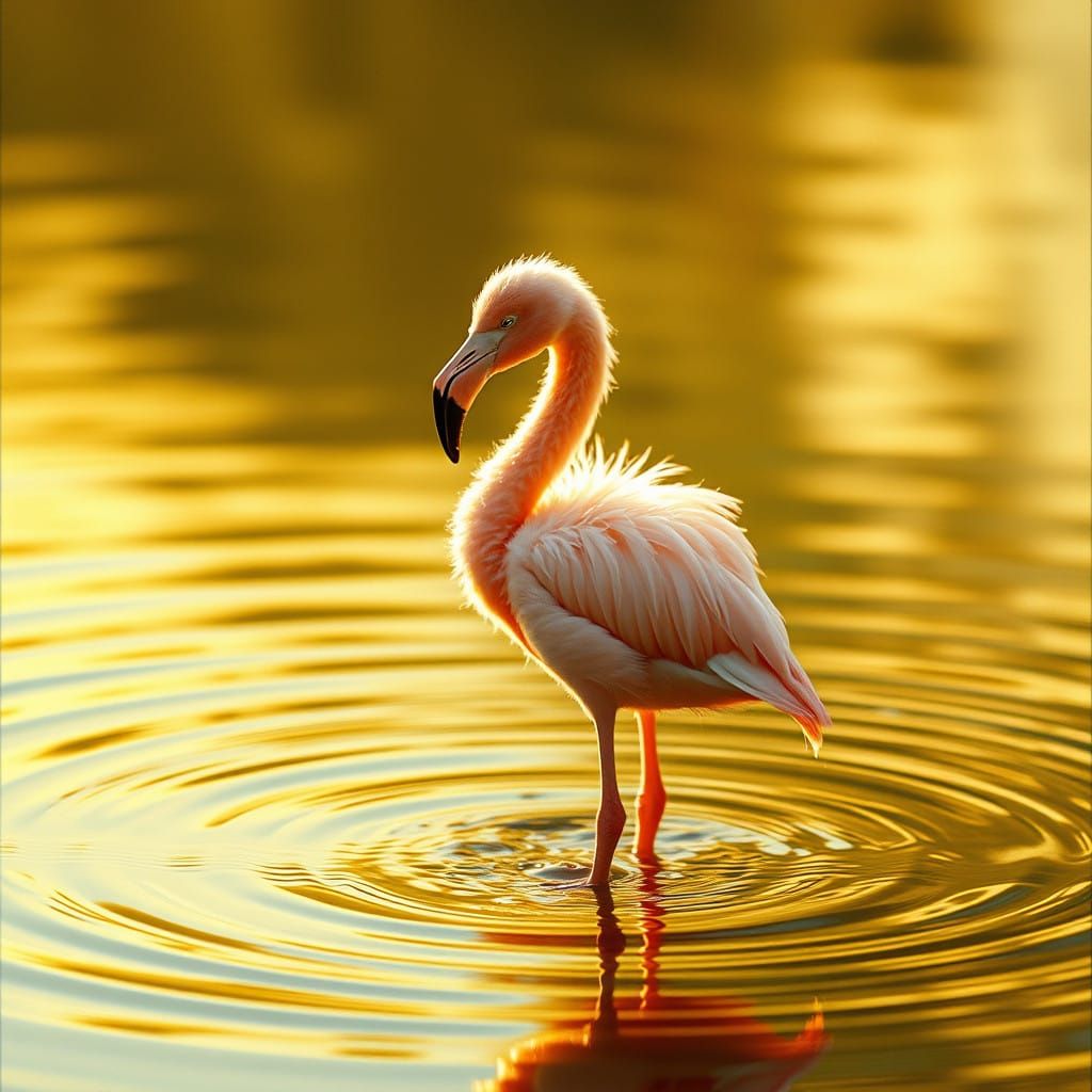 Serene Baby Flamingo Basks in Golden Light on Glassy Water