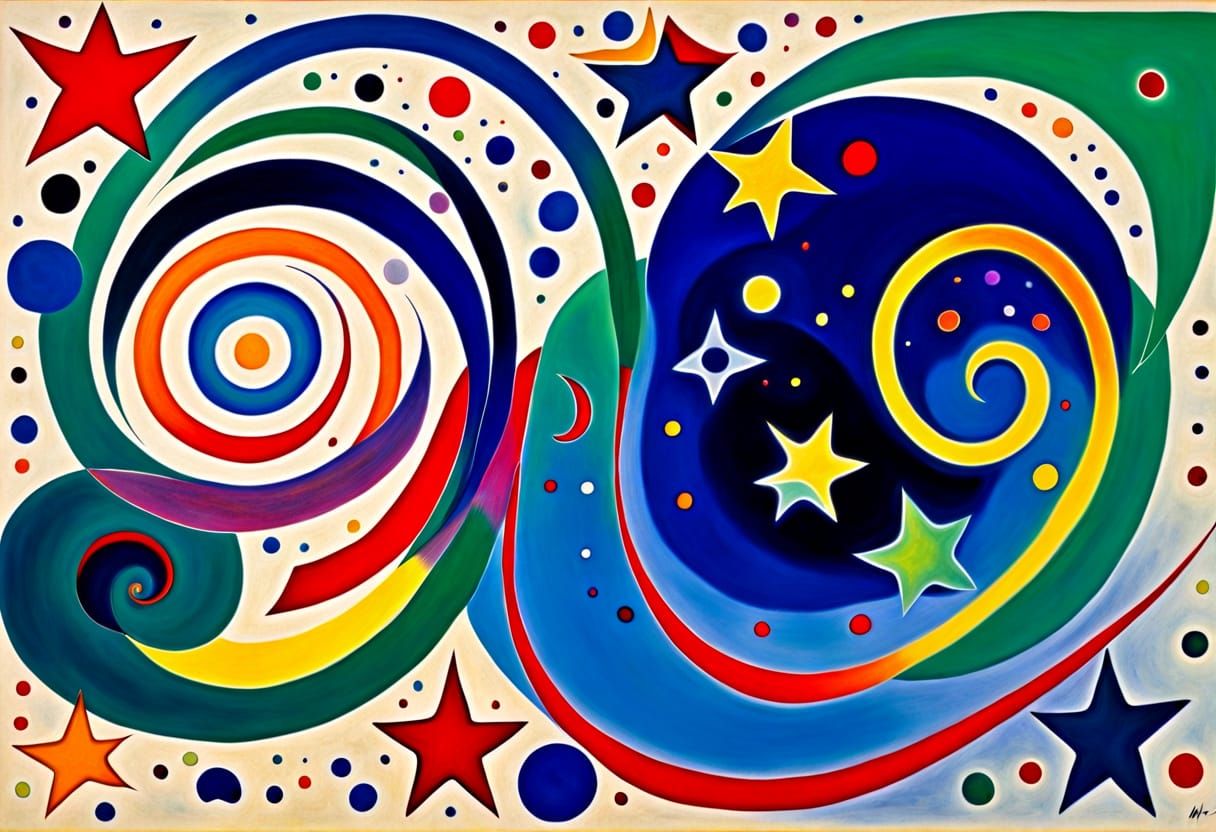 Miro. Kandinsky. Minimal Abstract Geometric Translucent 3D Fluorescent Marc Chagall maelstrom of flowing undulating poin...