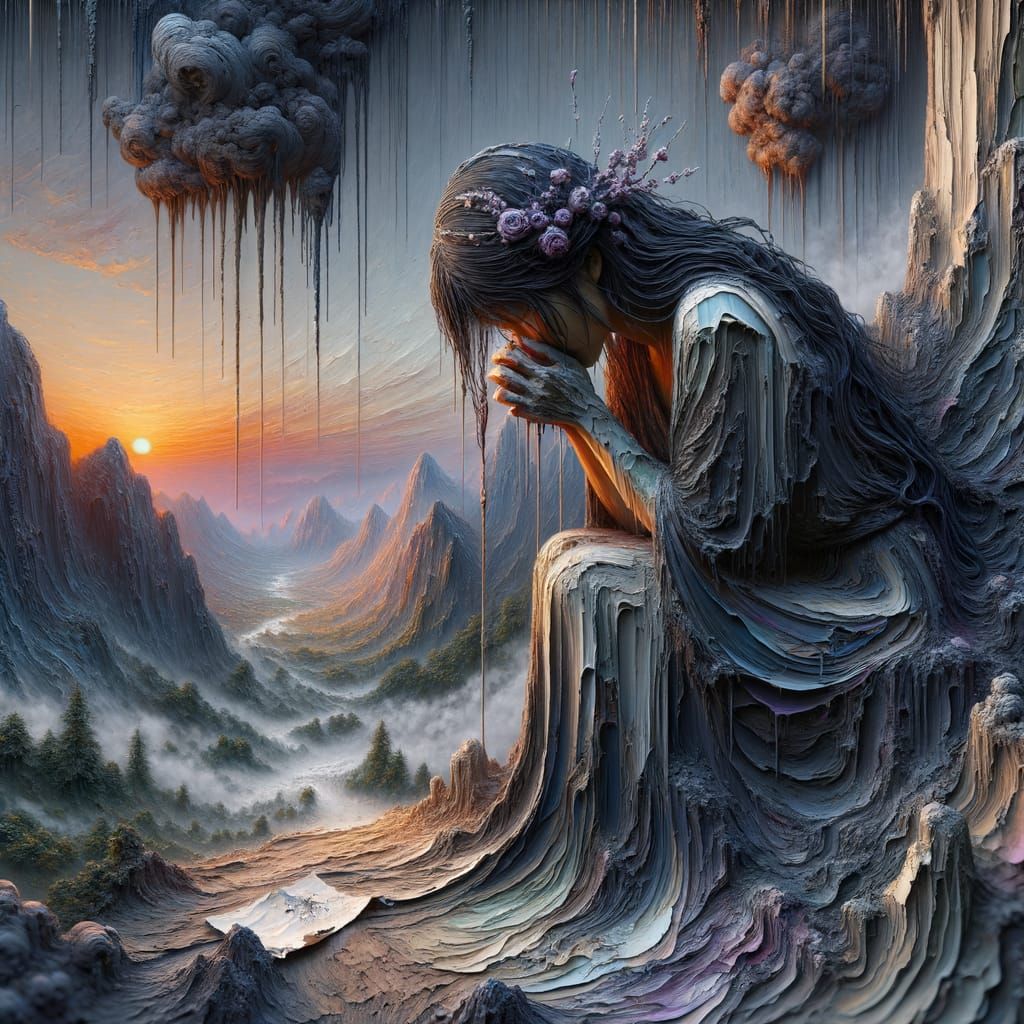 Woman's Sorrow: Impasto Painting of Grief and Landscape