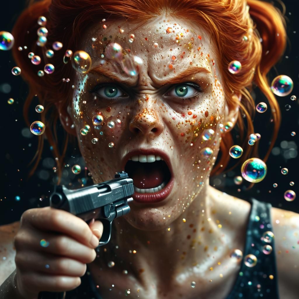 Bubbles Forming Gun Blown by Redhead in 3D Art