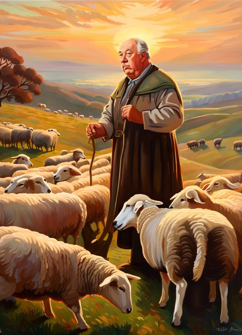 Hitchcock as Shepherd: Oil Painting in Tadema Style