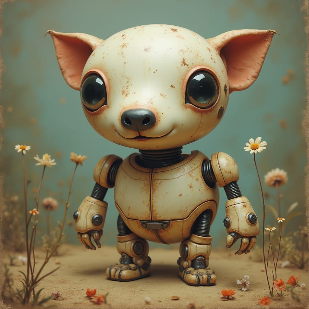 Whimsical Robot Hound in Distressed Pop Art