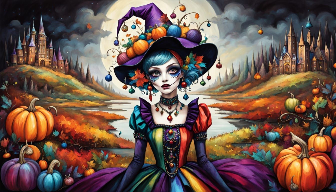 Harlequin Girl in Glass Dress Amidst Autumn Pumpkins