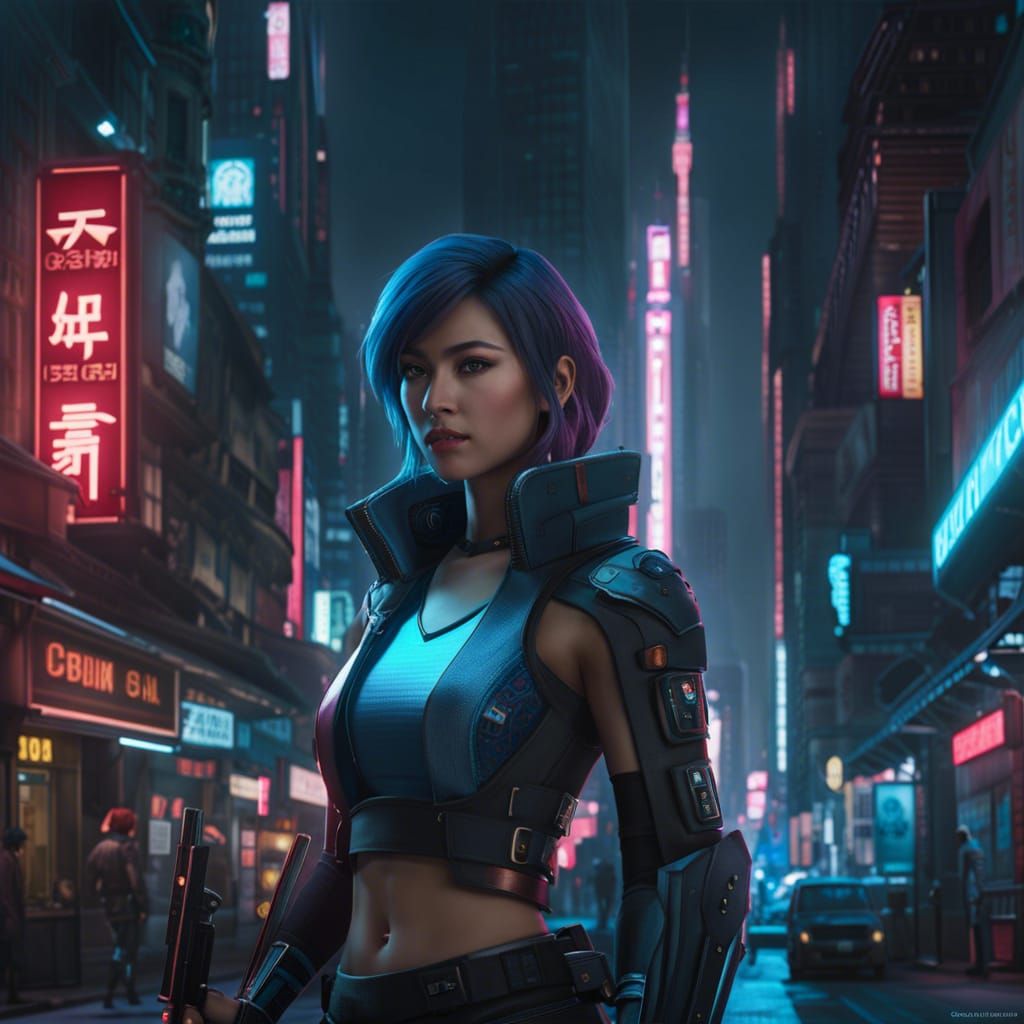 Cyberpunk Japanese City with Asian Assassin