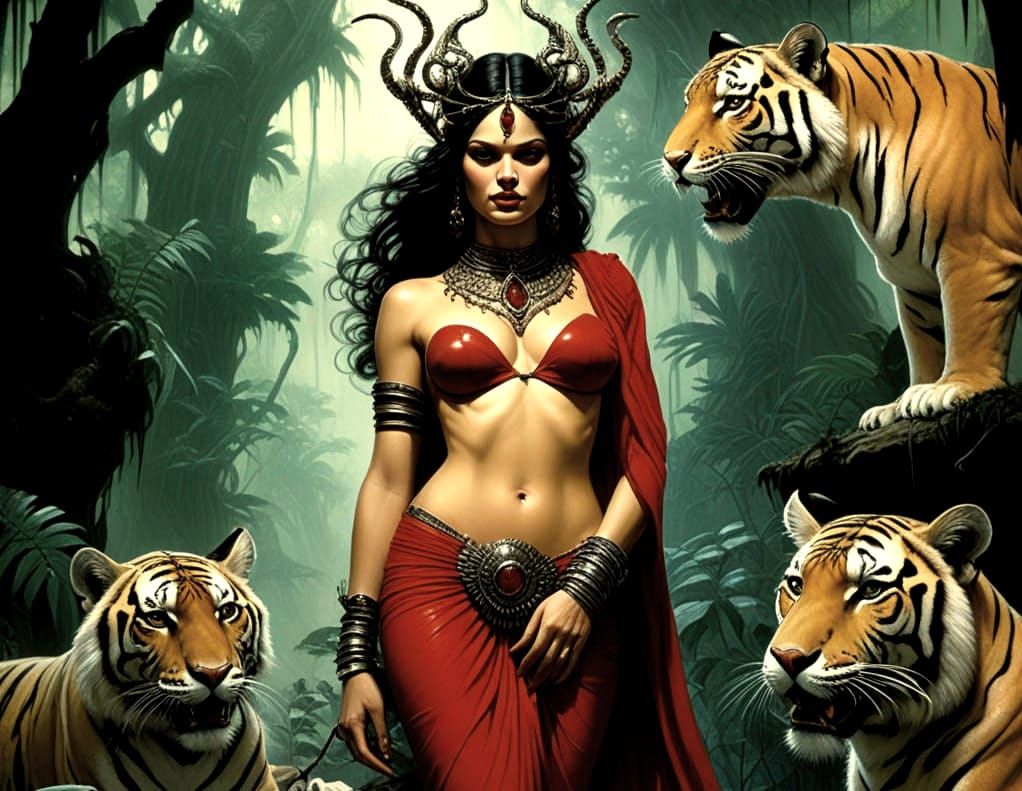 Surreal Pulp Magazine Cover Art: Regal Woman Surrounded by B...