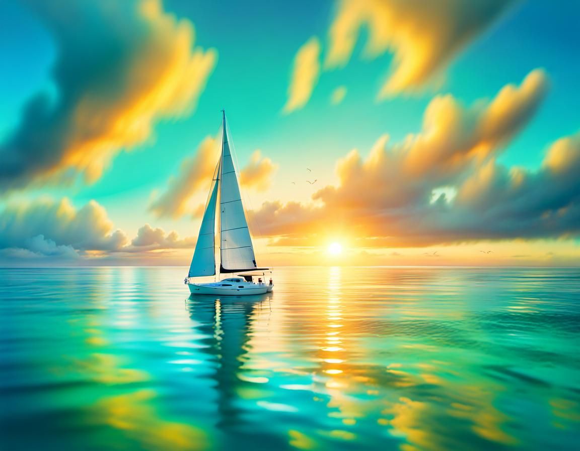 Impressionist Ocean Scene with Sailboat in Calm Waters